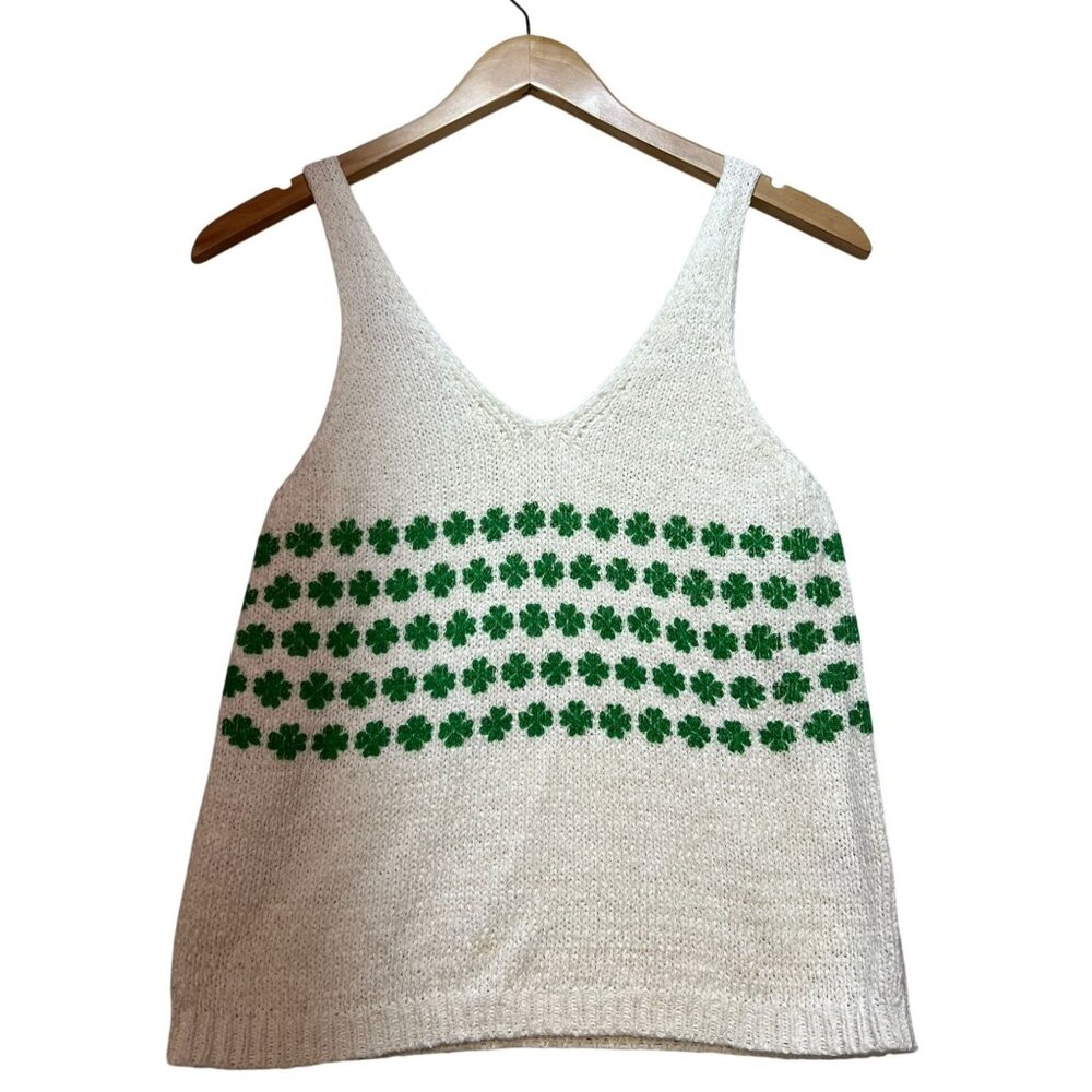 Moon & Madison Womens Shamrock Knit Tank Top Small Leaf Clover V-Neck Casual Y2K